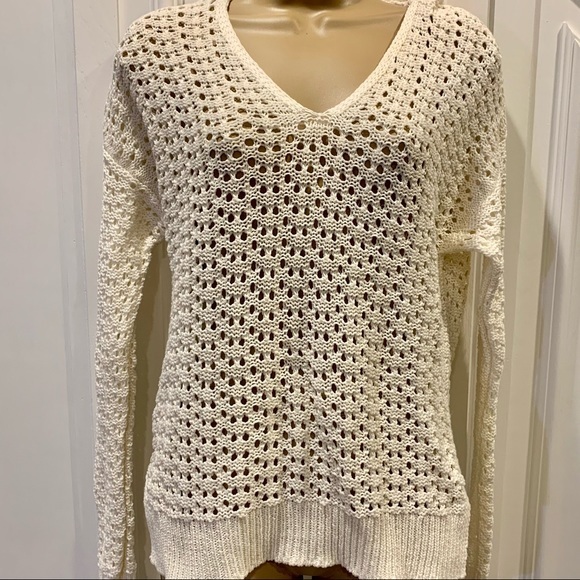 Loft Cream Crotched V-neck Top S - Picture 1 of 8